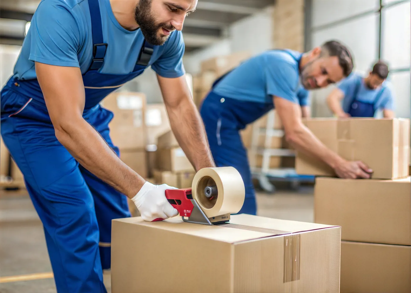 Professional packer taping up a moving box